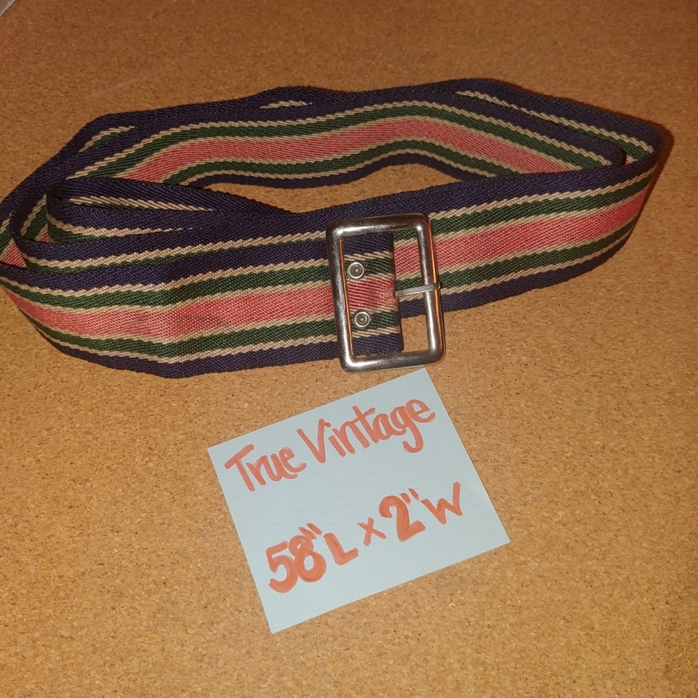 Vintage Green Orange Navy Blue Striped Belt with Silver Buckle XL
